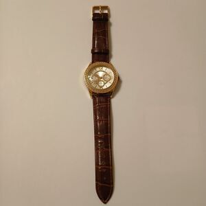 Accutime Women's Sunburst Dial Rhinestone Bezel Brown Faux Leather Band Watch